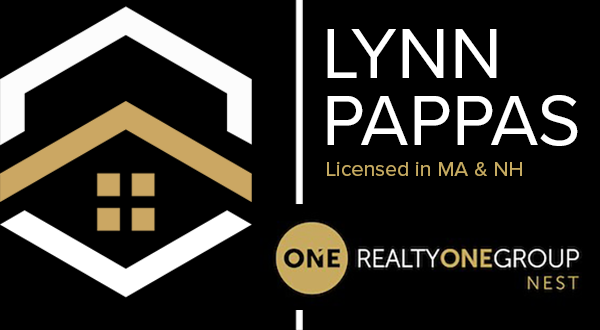 golden and white roof tops with the words Lynn Pappas, licensed in MA and NH, Realty One Group Nest