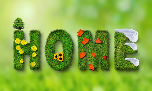 the word HOME spelled out using grass and flowers