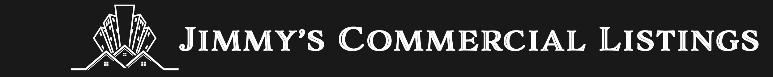black banner with residential and commercial buildings and the words Jimmy's Commercial Listings