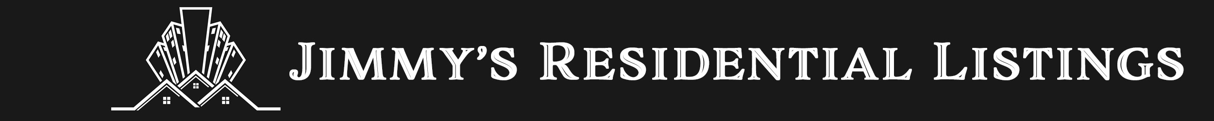 black banner with residential and commercial buildings and the words Jimmy's Residential Listings