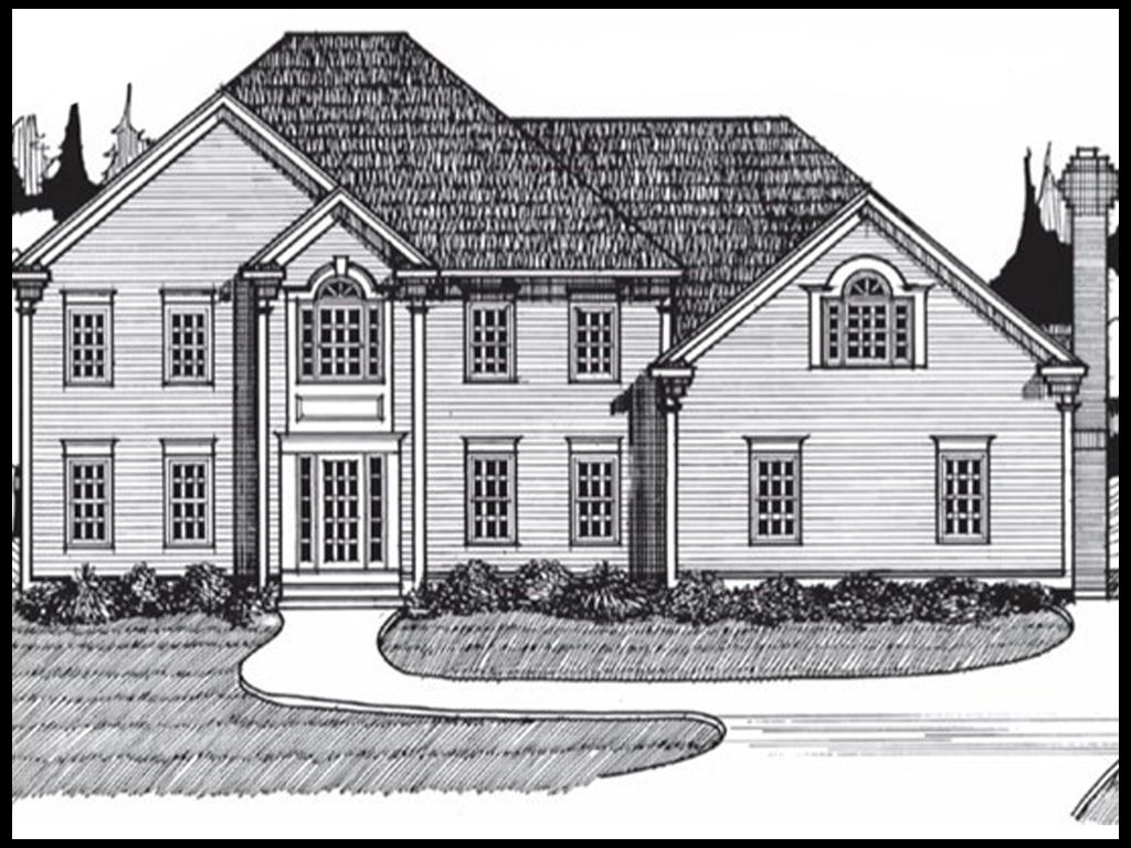 A black and white sketch of a colonial style home.