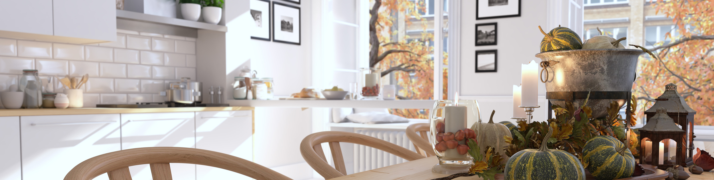 interior view of kitchen with Fall decorations