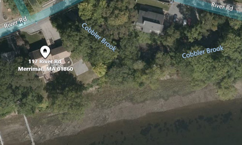 Riverfront home for sale in Merrimac, map of the area shown