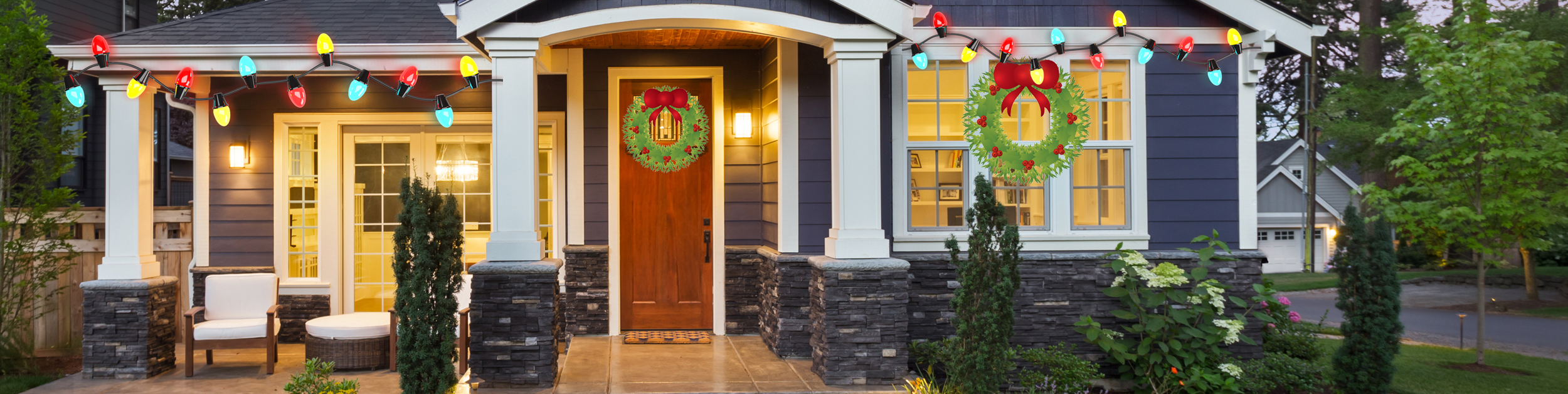 beautiful home with interior lights on and Christmas decorations outside