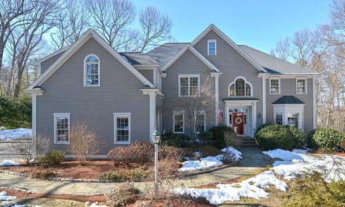 7 Gable Ridge Road Westborough, MA 01581 Six bedroom colonial home in Westborough MA - gray with white trim and red door