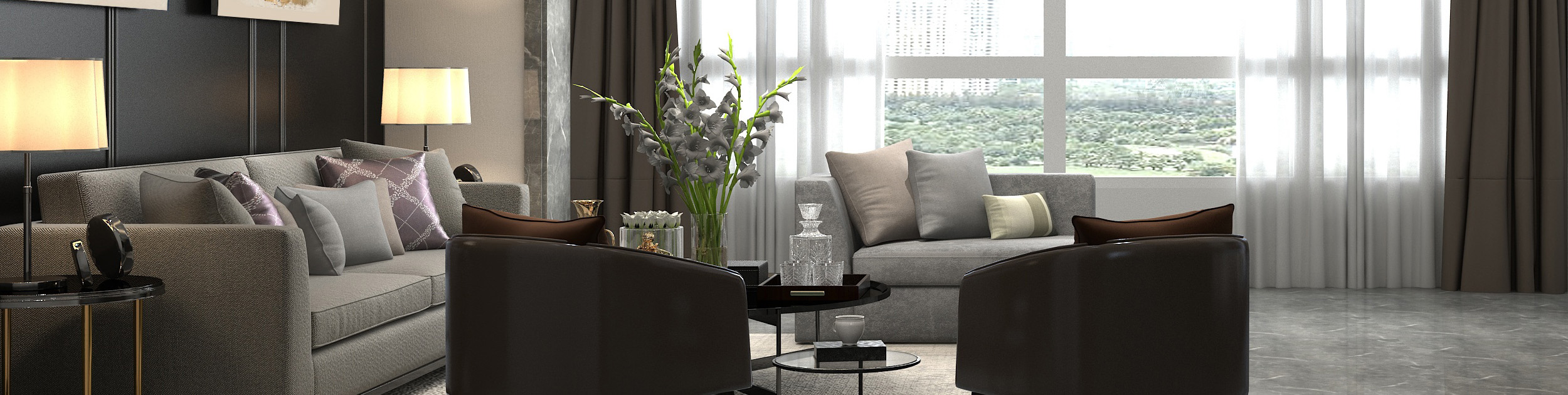 living room filled with gray furniture, lots of lamps and a large window