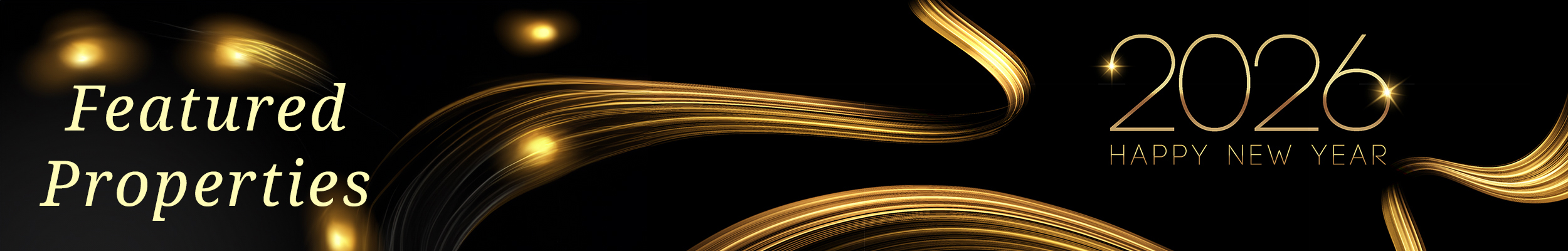 Featured Properties banner with the words Happy New Year 2026 and gold decorations